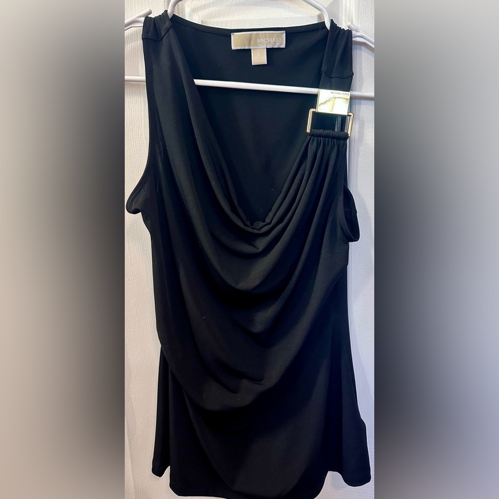 Michael Kors Black One-Shoulder Draped Cowl Dress with Gold Accent